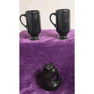 2 Black Vintage Footed 4.5" Expresso/Irish Coffee Mugs & Gurgle Pot Ornament